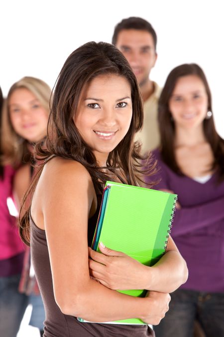 Beautiful female students in front of some friends isolated