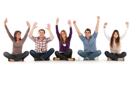 Group of friends on the floor with arms raised, isolated