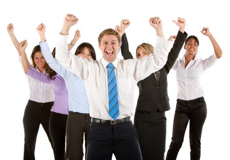 Business man leading an excited female group isolated