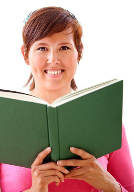 beautiful casual woman reading a green book