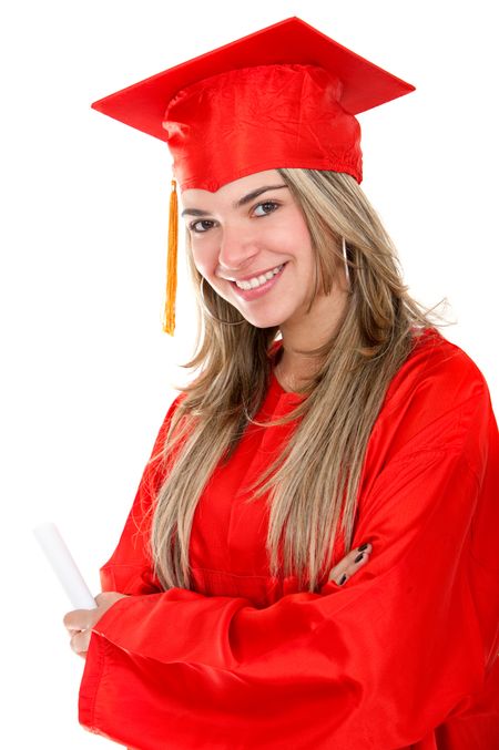 attractive young woman graduating with a red robe