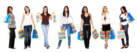 Group of shopping women standing isolated over white