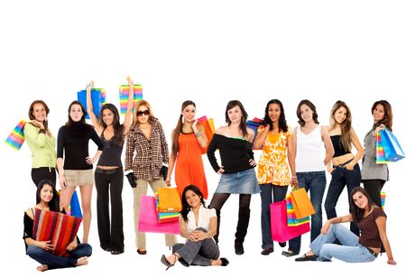 Large group of casual women standing isolated