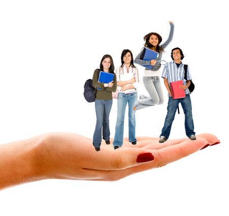 Group of students on the palm of a hand isolated