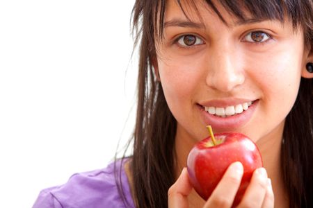 Healthy eating girl with an apple, isolated