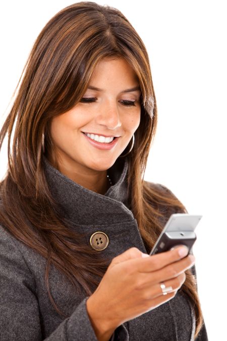 Business woman texting on her cellphone isolated