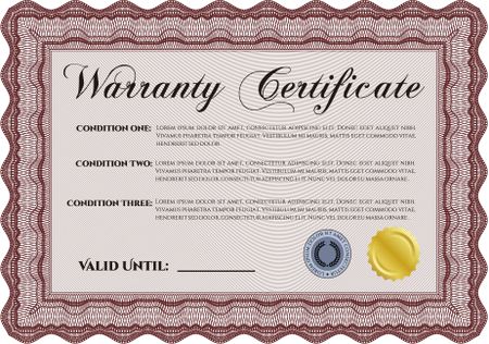 Sample Warranty certificate. It includes background. Very Detailed. Complex frame design. 