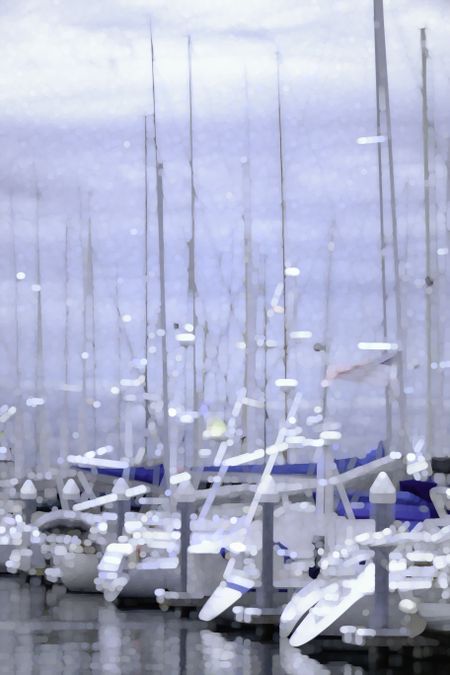 Harbor abstract: Impressionistic illustration of yachts docked together on a cloudy day at Shilshole Bay Marina in Seattle, Washington, USA