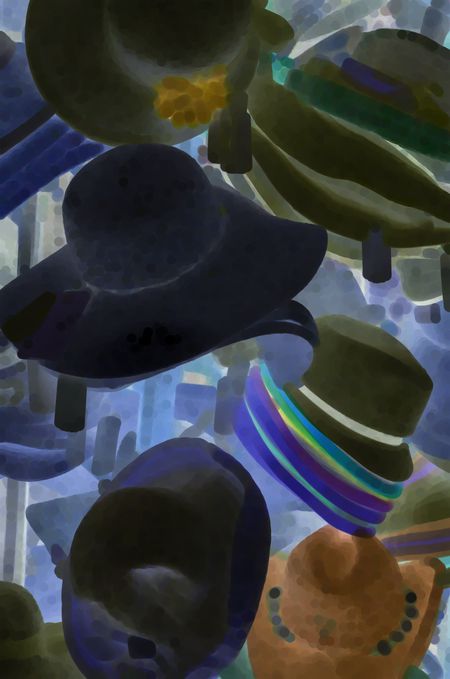 Abstract of women's sunhats, with inverse coloration, on display in front of shop in Florida, for themes of fashion, tourism, retail