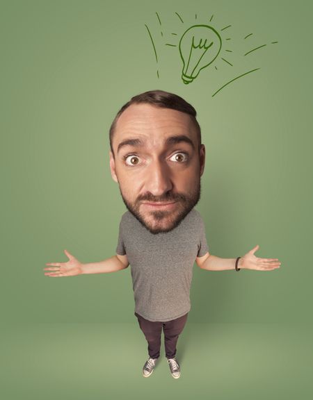 Funny person with big head and drawn idea bulb over it