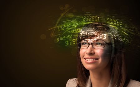 Business woman looking at high tech number calculations concept