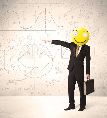 Funny businessman wears yellow smiley face