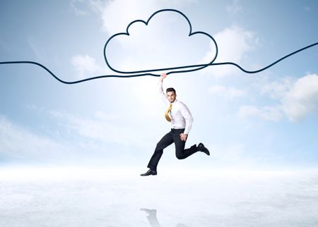 Businessman hanging on a cloud rope 