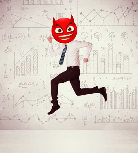 Funny businessman wears devil smiley face