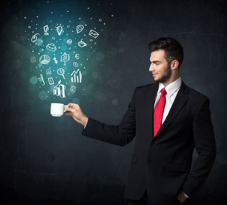 businessman-standing-holding-white-cup-business-339791471 Businessman standing and holding a white cup with business icons coming out of the cup