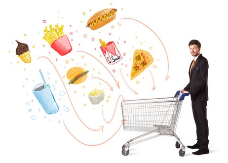 Businessman pushing a shopping cart and toxic junk food and cigarettes coming out of it