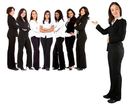 Business woman displaying a women group isolated