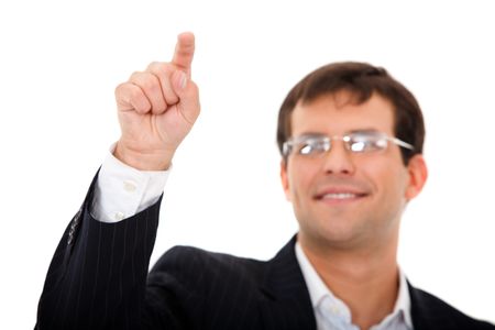 Business man touching an imaginary screen isolated