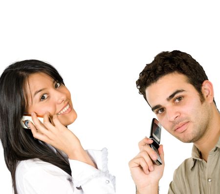casual happy couple on the phone isolated over a white background