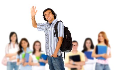 casual young student with his friends  isolated over a white background