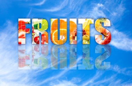 Word "fruits" writen over a blue sky background