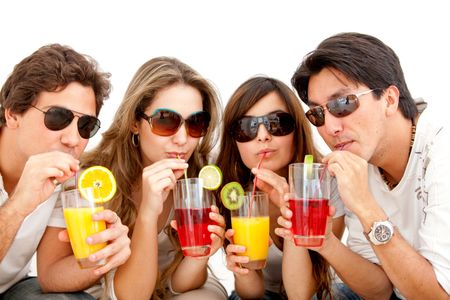 Group of friends with cocktails and sunglasses isolated