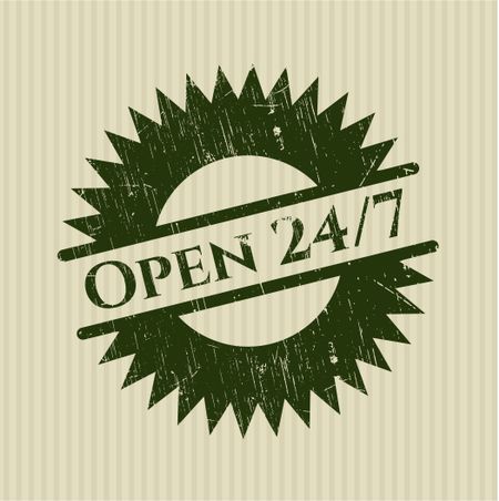 Open 24/7 rubber stamp with grunge texture