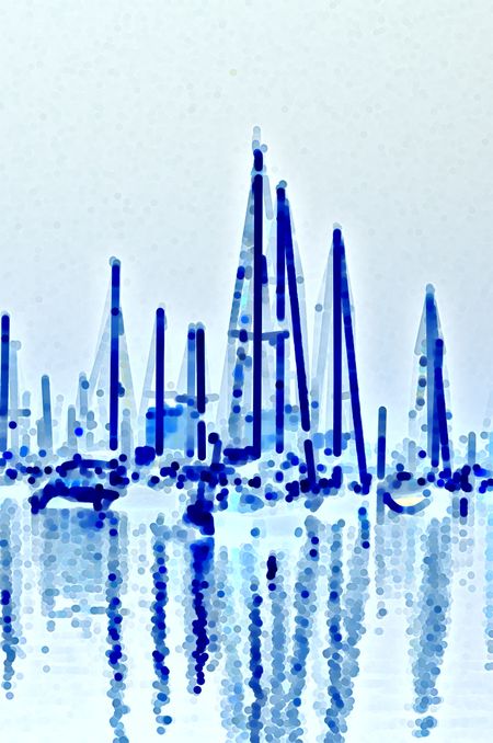 Minimalist abstract of sailboats at anchor together, mostly shades of cyan and blue, with reflections, in a tropical marina (one of a series)