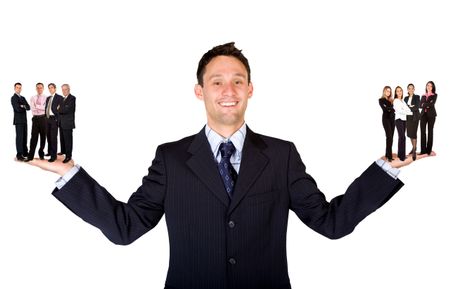 Business man - Hands facing up with his teams over a white background