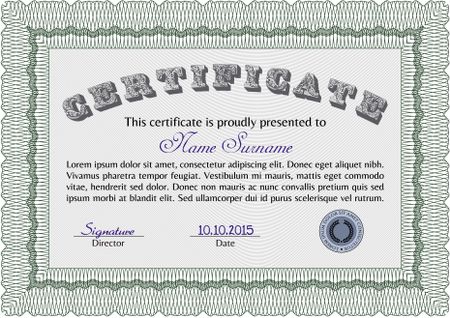 Certificate or diploma template. Money style.Elegant design. With guilloche pattern. 