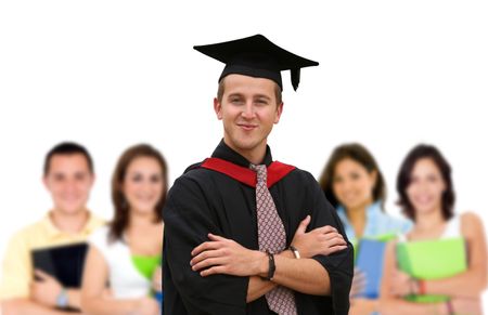 Graduate man with gown in front of students isolated