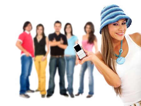 casual girl showing her phone to some people isolated
