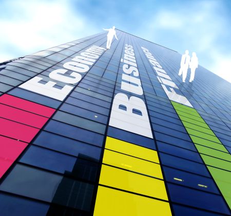 colorful business building pointing towards the sky