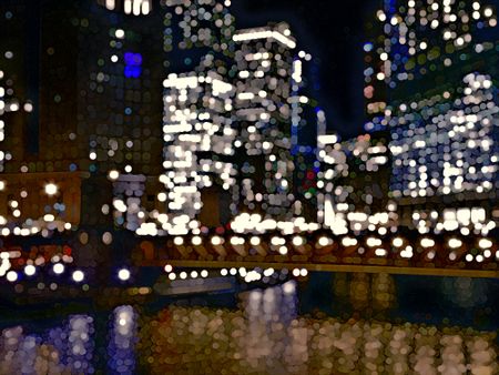 Abstract illustration of city lights with reflections on river below skyscrapers at night