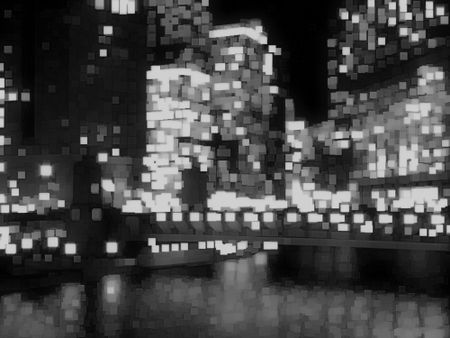 Abstract of city lights in black and white, with reflections of river below skyscrapers at night