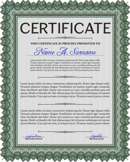 Certificate of achievement template. Cordial design. With guilloche pattern. Border, frame.