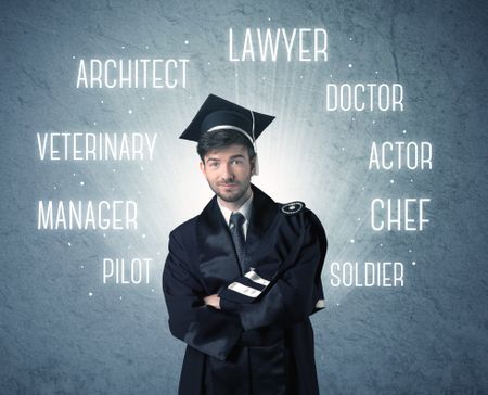 Graduete person looking for professions written above his head