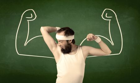 A young man with beard and glasses posing in front of green background, imagining how he would look like with big muscles, illustrated by minimalist white drawing concept.