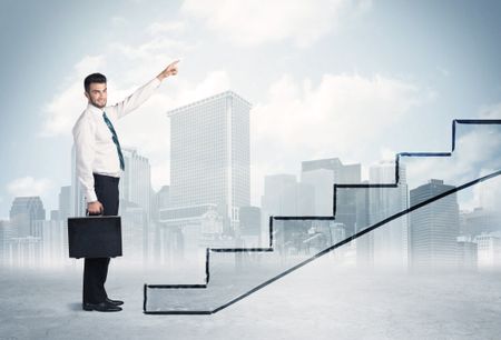 Business person in front of a staircase, city on the background