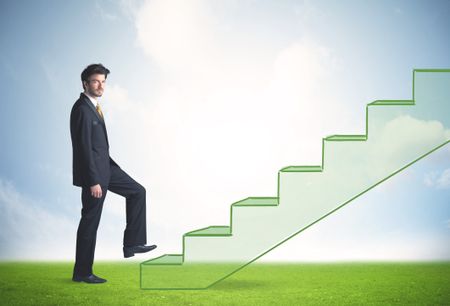 Business person stepping up a hand drawn staircase in the nature