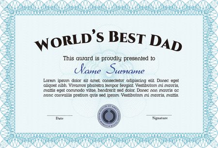 Best Father Award Template. Cordial design. With guilloche pattern and background. Border, frame.