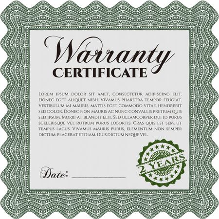 Sample Warranty certificate template. Vector illustration. Easy to print. Complex border. 