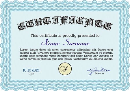 Sample certificate or diploma. Nice design. Diploma of completion.With guilloche pattern and background. 