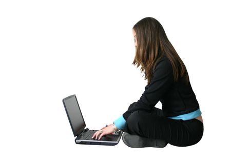 business woman working on laptop on the floor