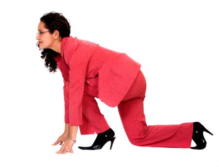 Start your business career - woman on the floor in racing position isolated over a white background