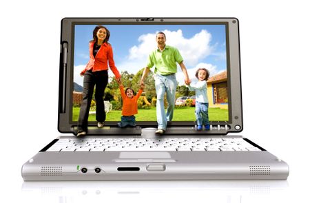 Happy family coming out of a laptop screen – isolated over white background