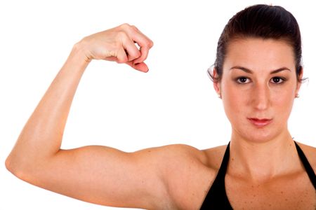 Fitness girl showing her biceps over a white background