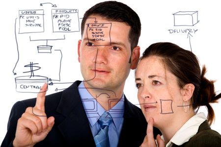 business partners analyzing a database structure isolated over a white background