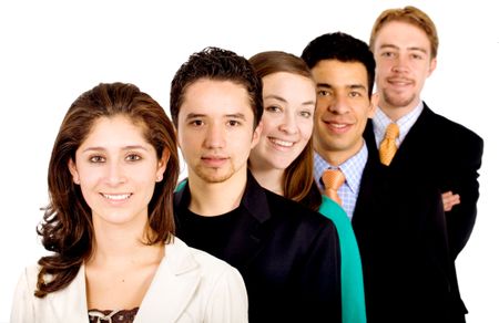 business team work - all young and successful businessmen and businesswomen isolated over white