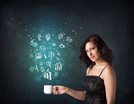 Businesswoman standing and holding a white cup with business icons coming out of the cup